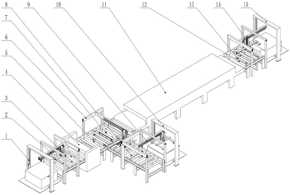 Automatic glue spreading and veneering device and method for production of wood-plastic floorboards