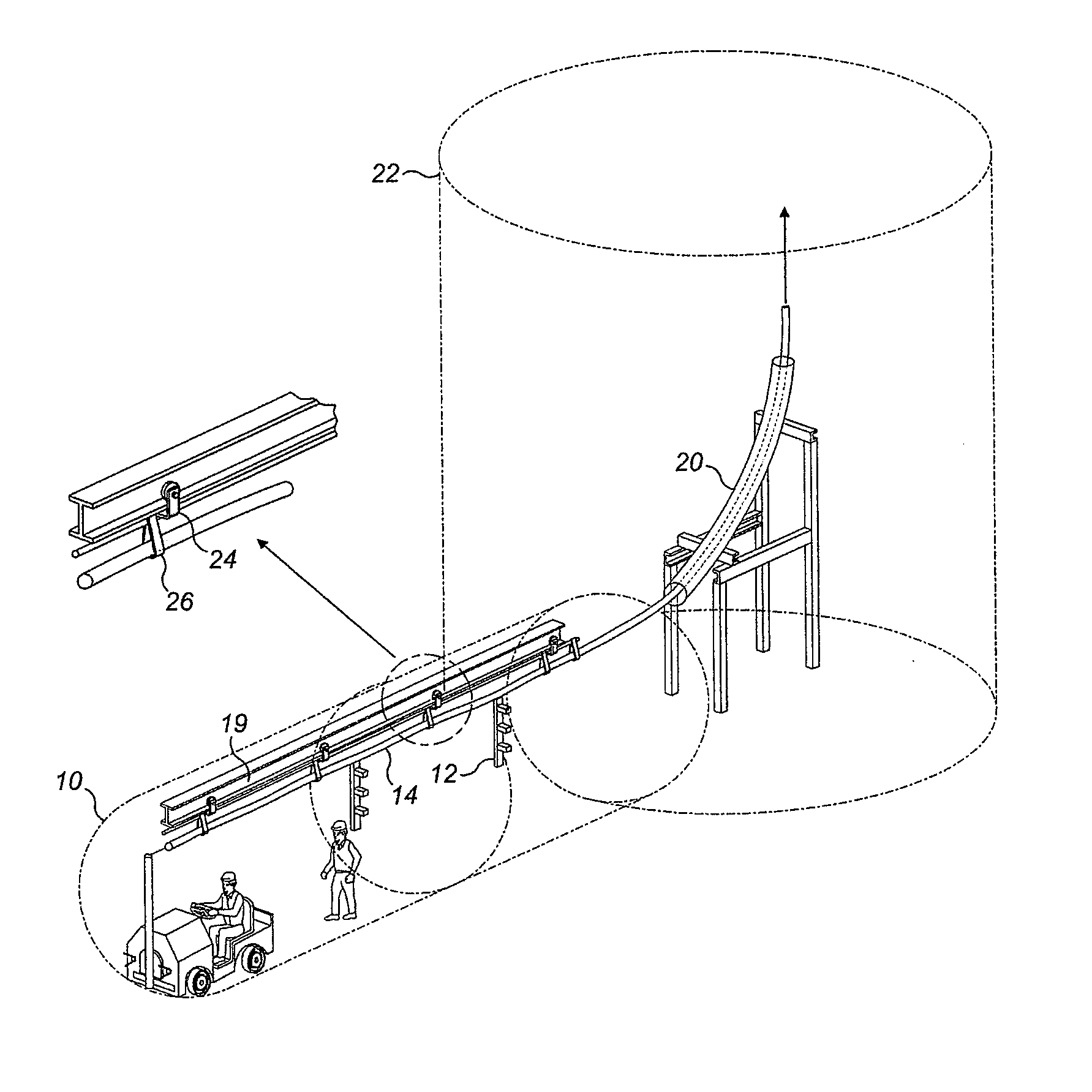 Method and apparatus for the installation of cables or pipes in tunnels