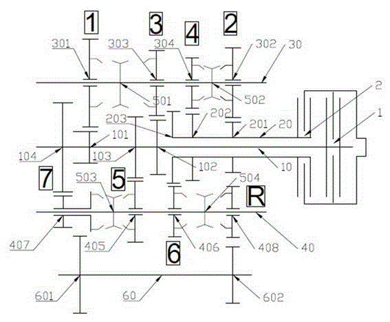 Double-clutch transmission with long idler shaft