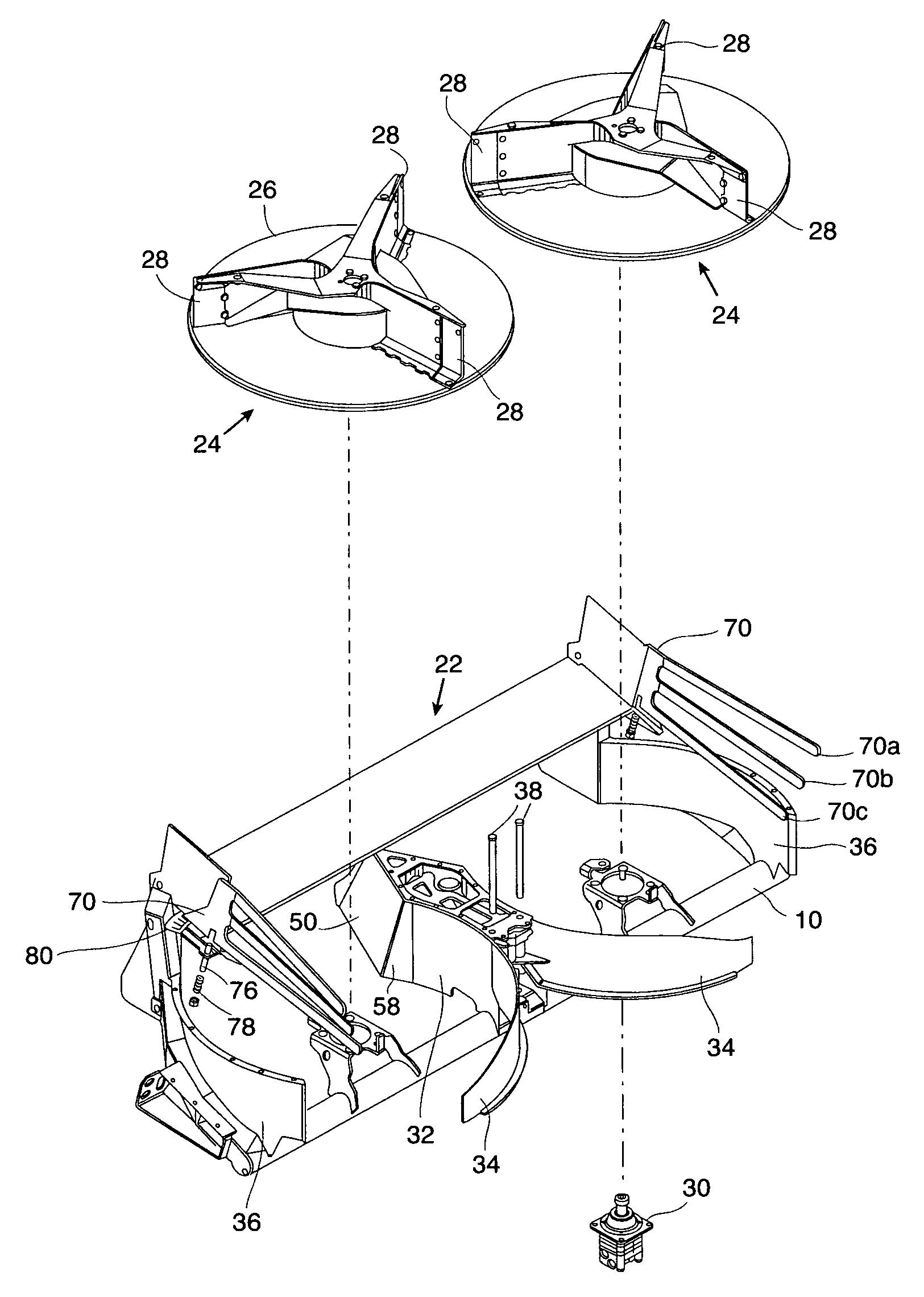 Agricultural combine active spreader having a triangular nose divider