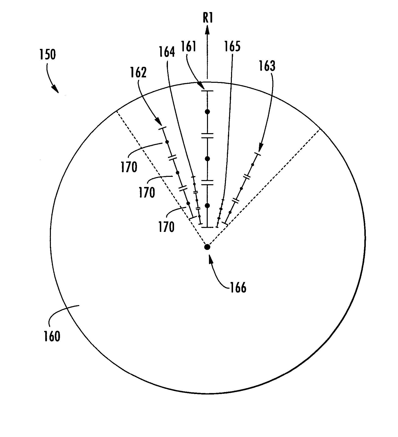 Multiband radially distributed phased array antenna with a sloping ground plane and associated methods