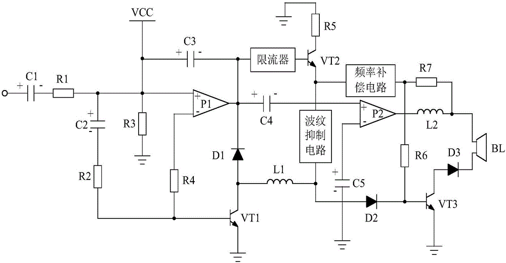 Frequency compensation type audio power amplification system based on ripple suppression circuit