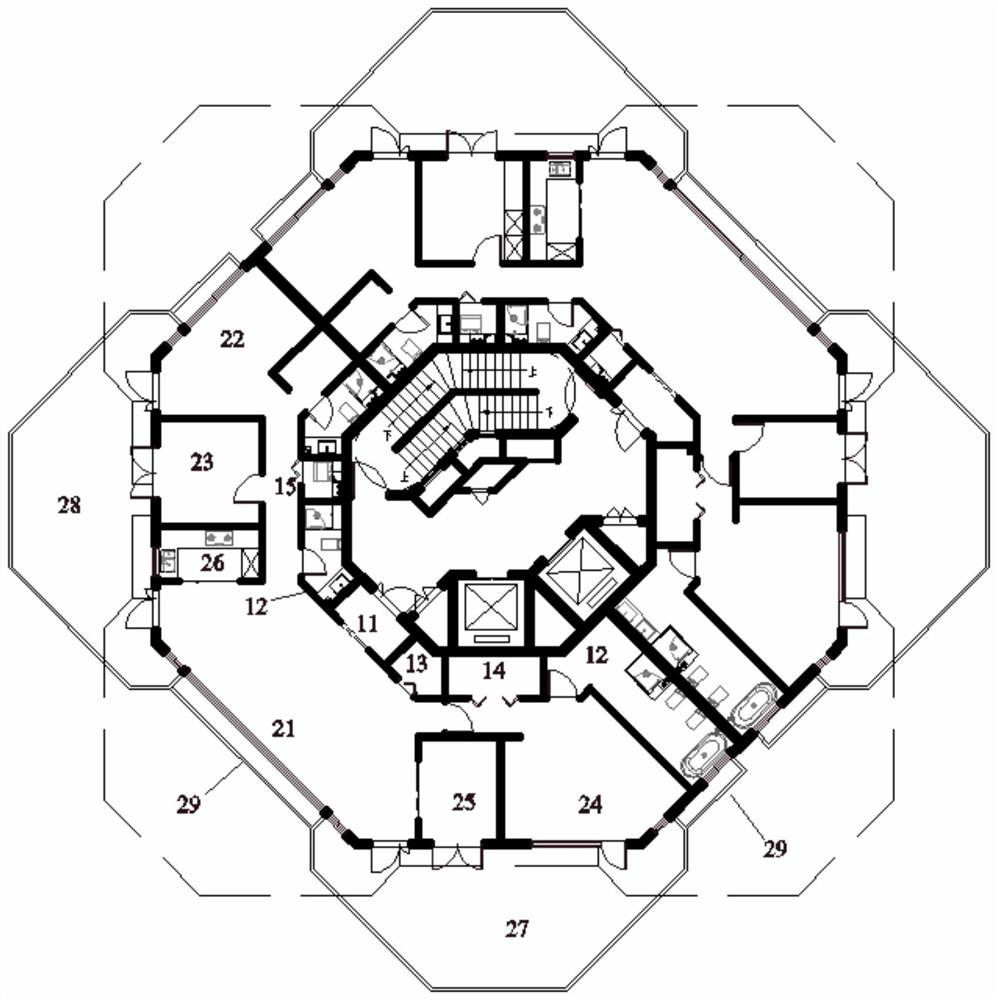 Multilateral residential building with oblique terraces