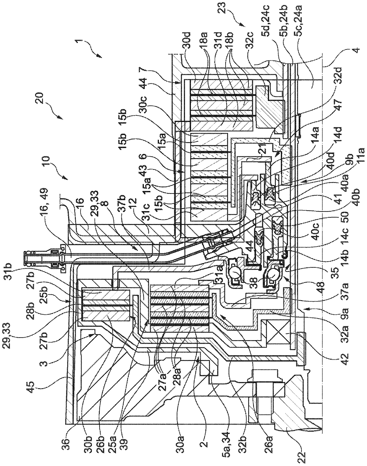 Actuating arrangement having four actuating members, clutch and brake system, hybrid module, and drive train