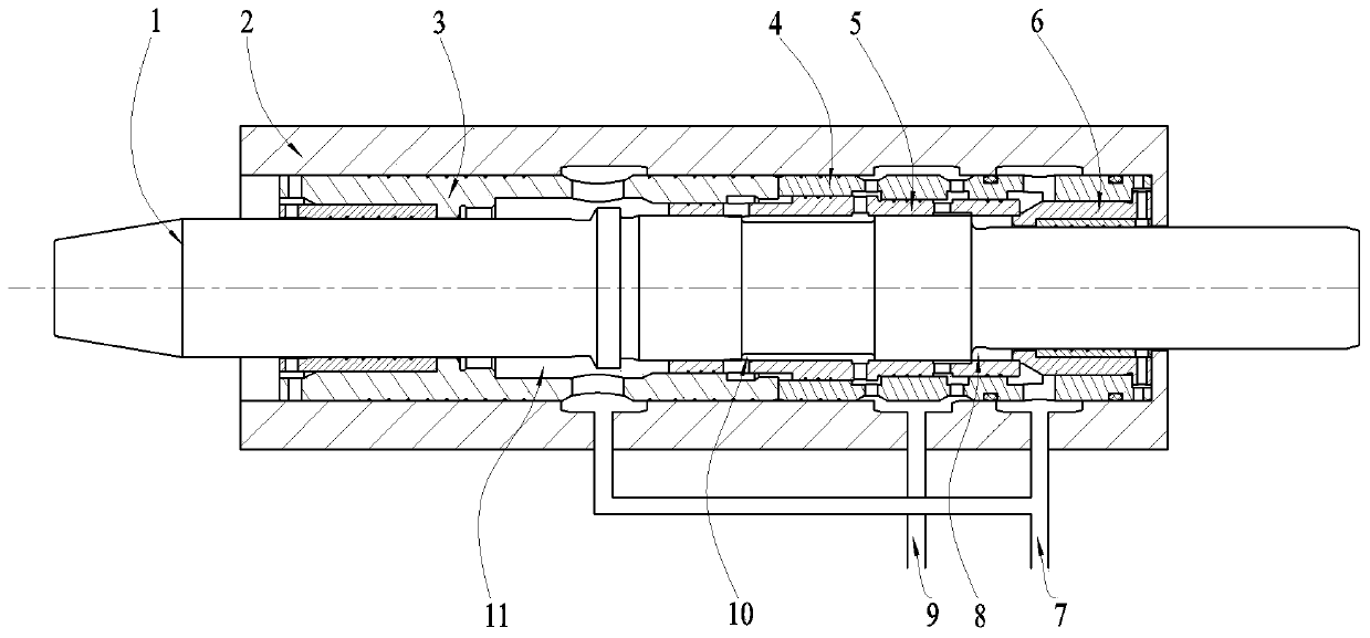 Axial reversing rock drilling device with compact structure