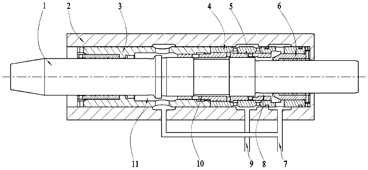 Axial reversing rock drilling device with compact structure