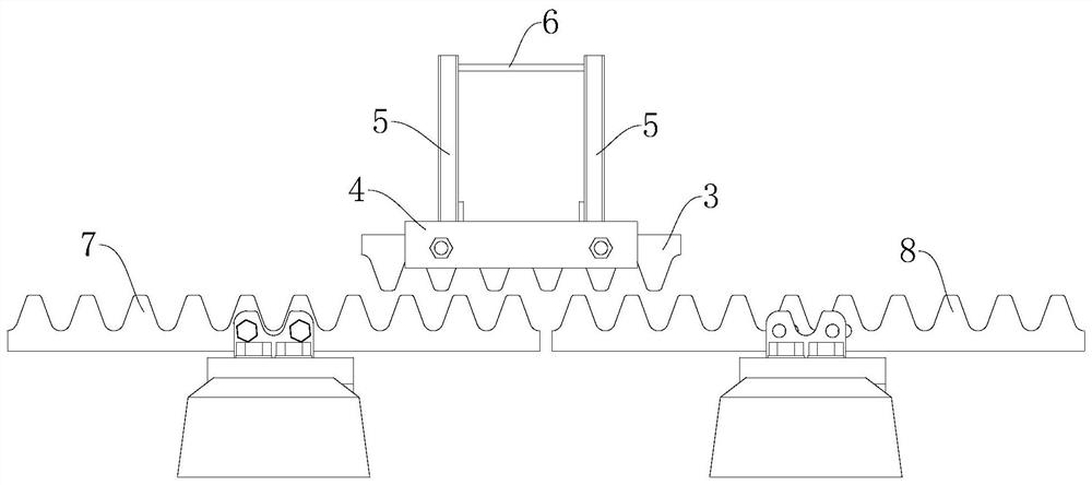 Adjacent rack rail mounting and adjusting appliance for rack rail railway