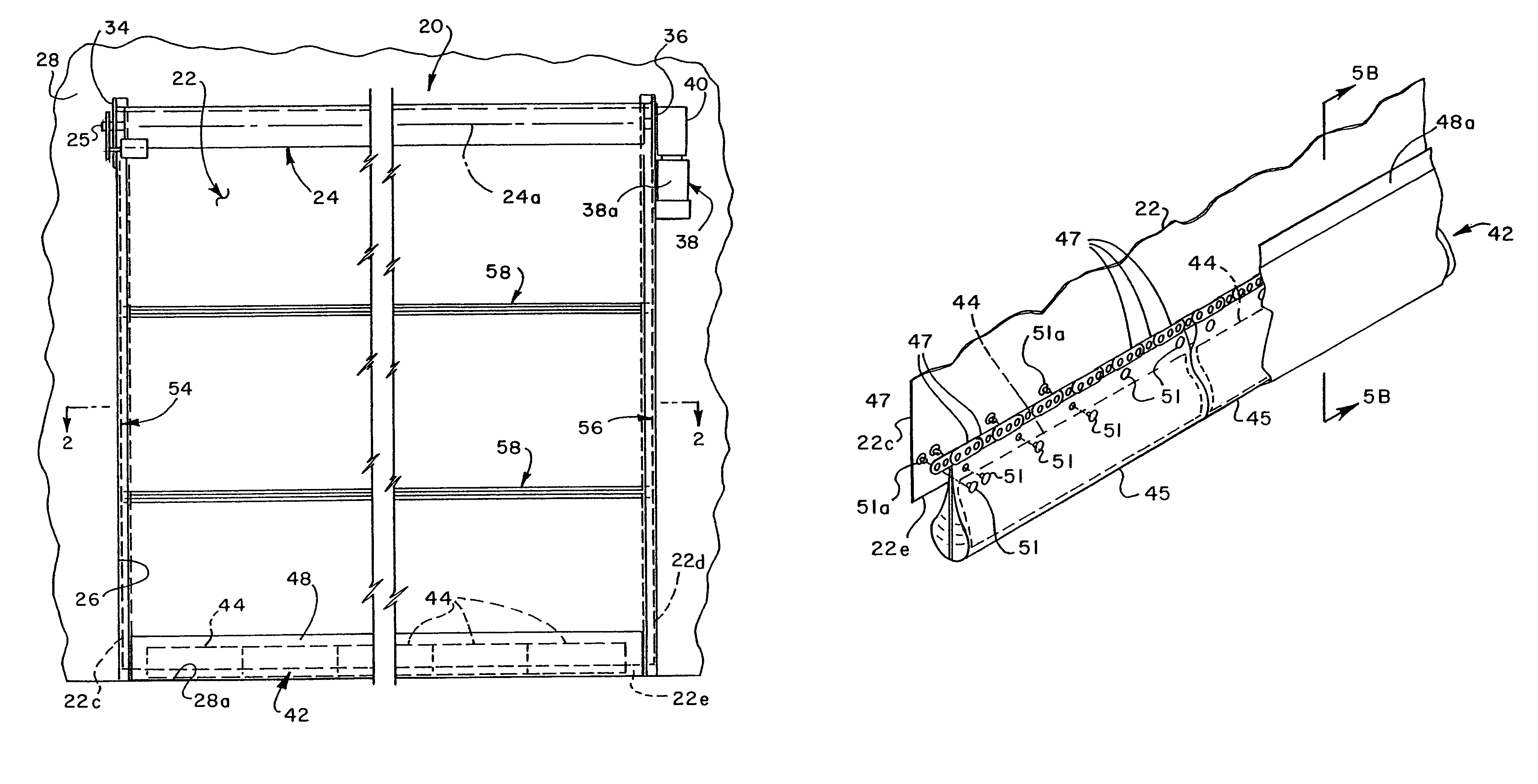 Flexible curtain rollup door with combination stiffening struts and windlocks