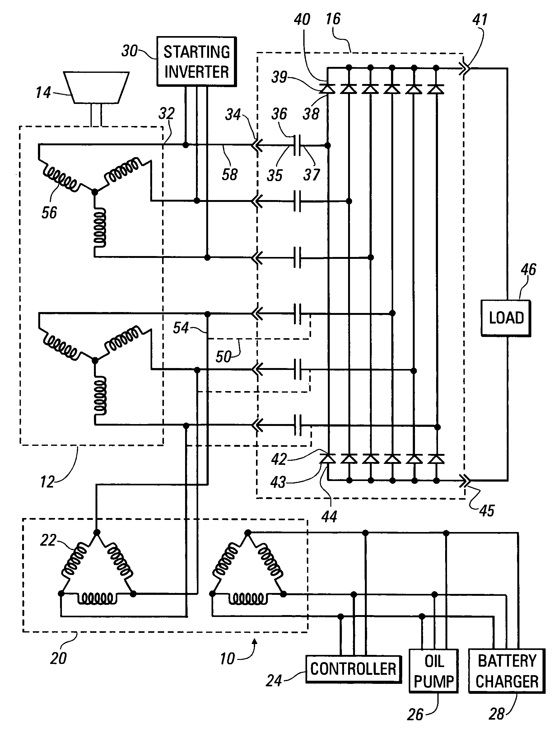 Power generating system including a high-frequency alternator, a rectifier module, and an auxiliary power supply