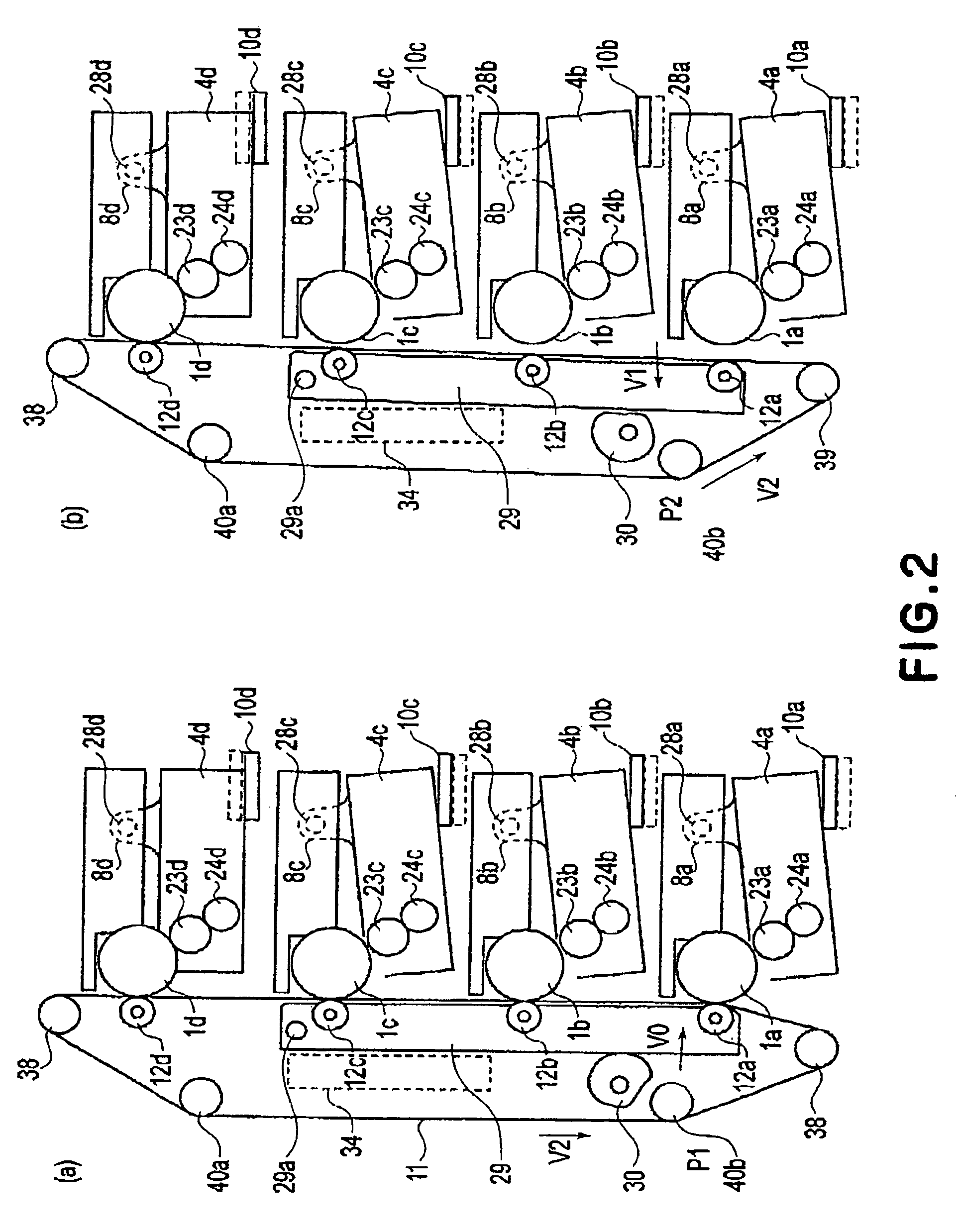 Image forming apparatus switching developing rollers of mounted process cartridges between contact and spaced states and switching the contact position of a feeding belt contactable to drums of the mounted cartridges