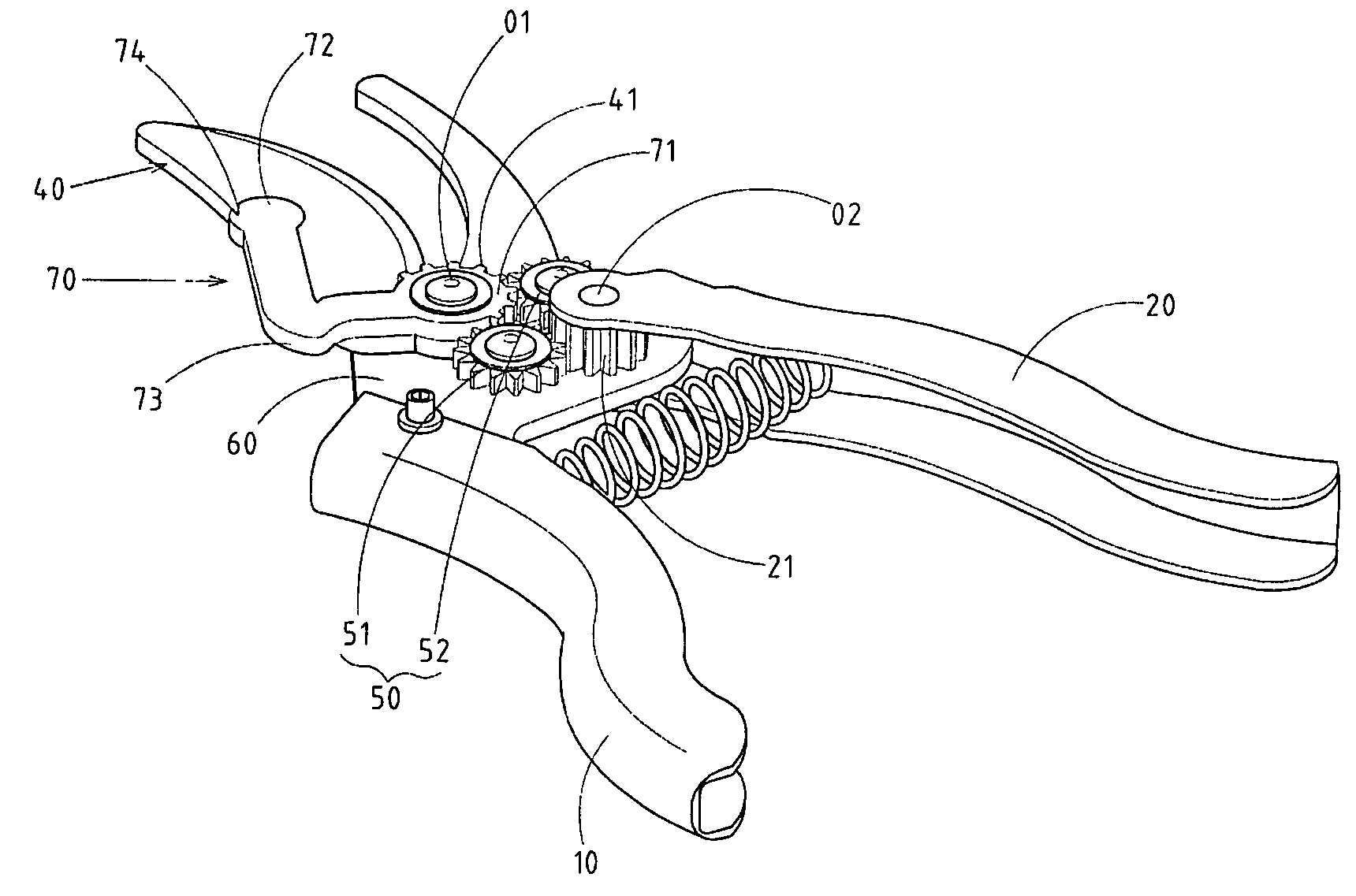 Gear-driven shears provided with a curved plate a movable jaw