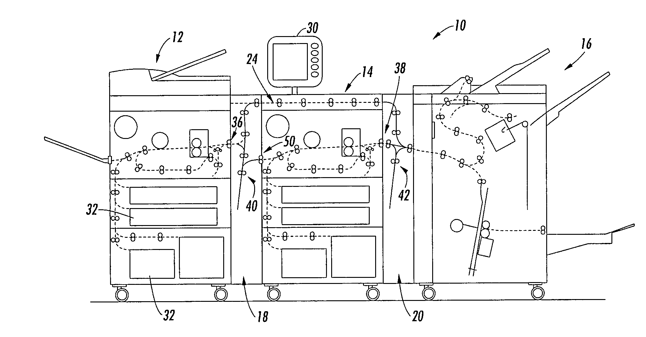 Printing system with horizontal highway and single pass duplex