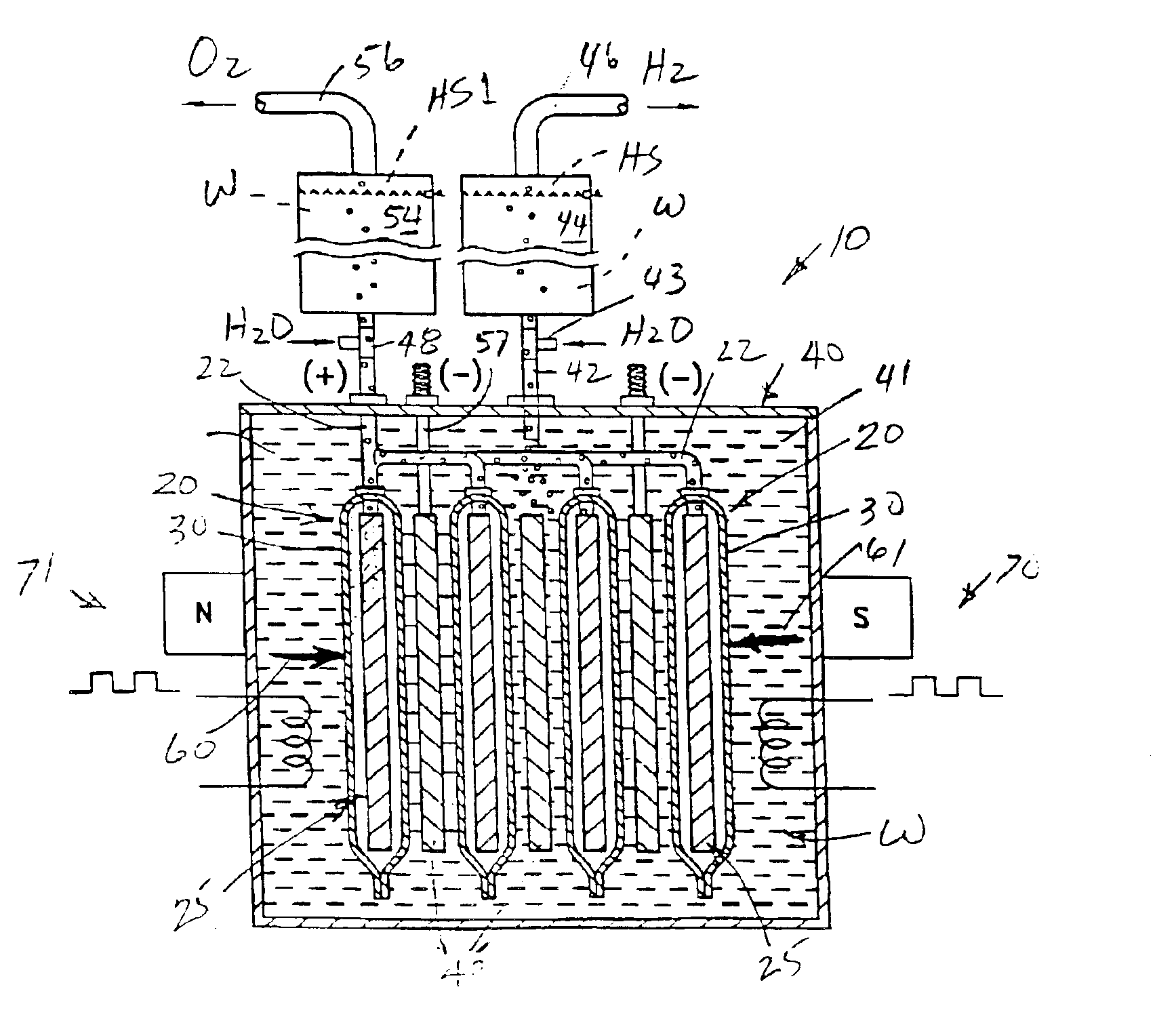 Apparatus for converting a fluid into at least two gasses through electrolysis