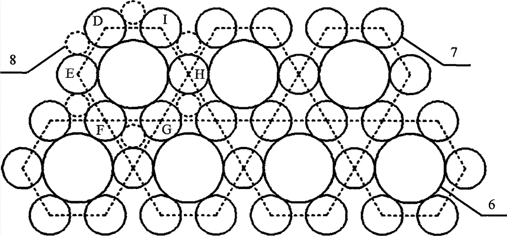 Array electromagnetic shielding optical window with three-period externally-tangent circular rings and internally-tangent sub circular rings