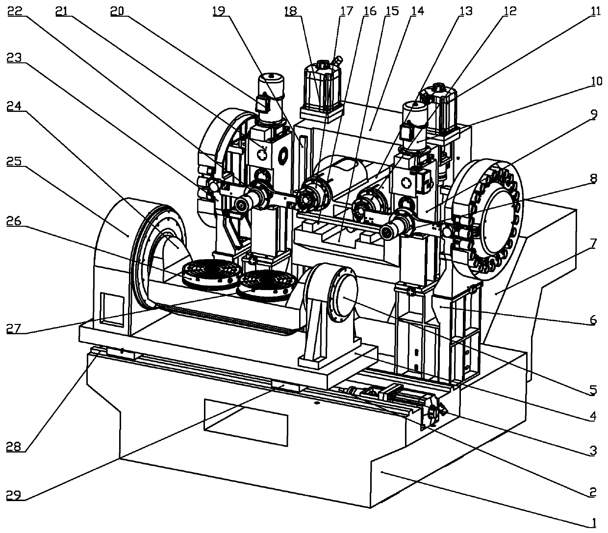 Efficient horizontal type machining central machine tool with double main shafts and double work tables