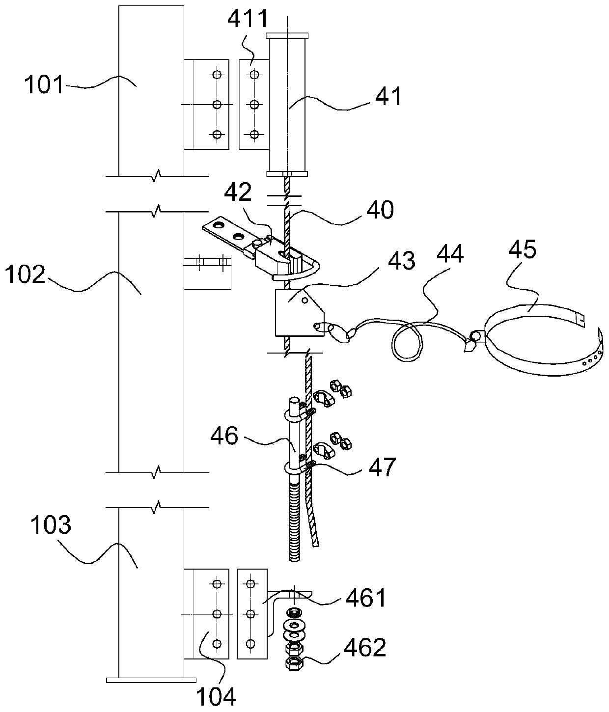 Single-pipe tower with crawling ladder safety rope device