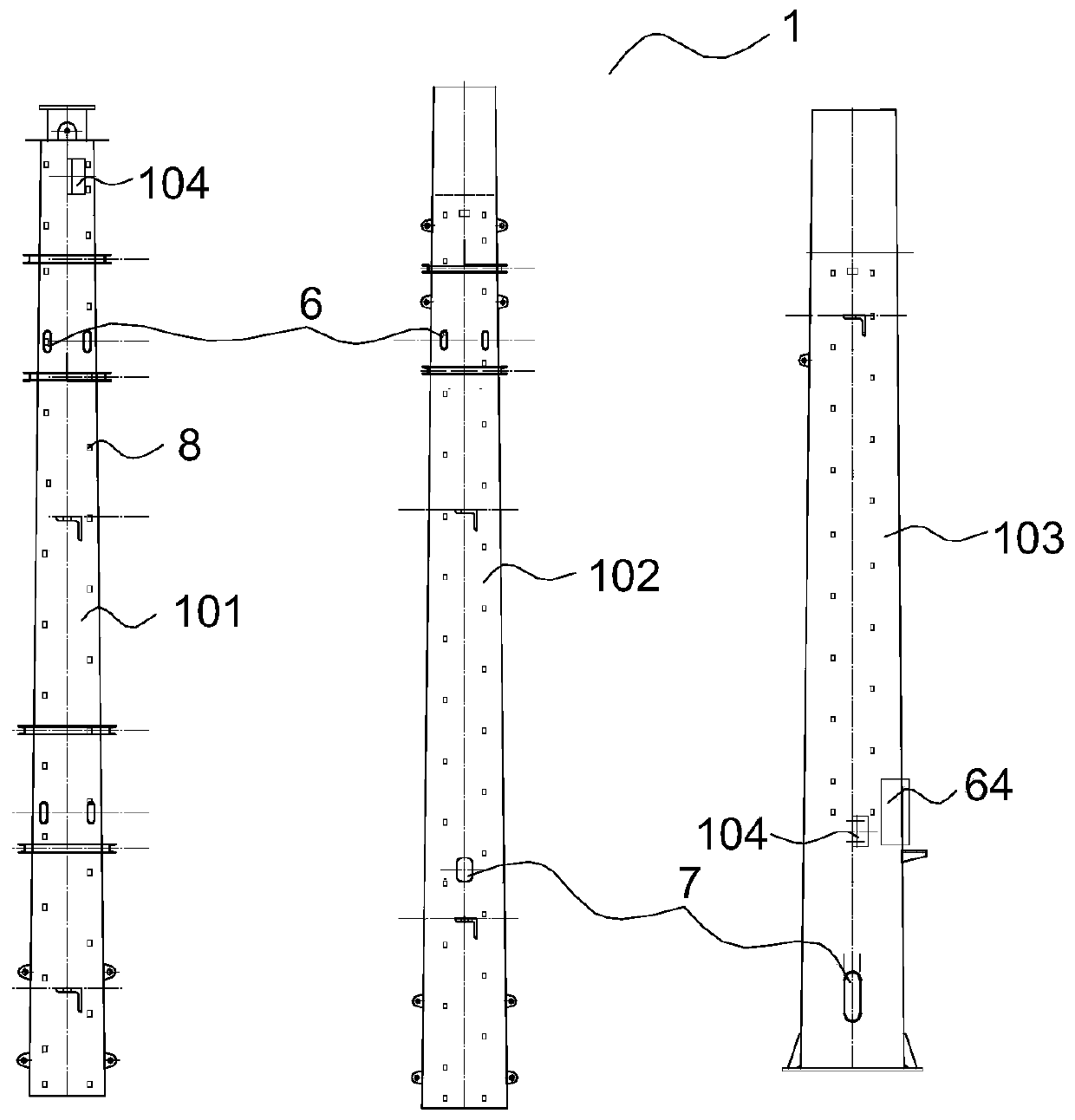 Single-pipe tower with crawling ladder safety rope device