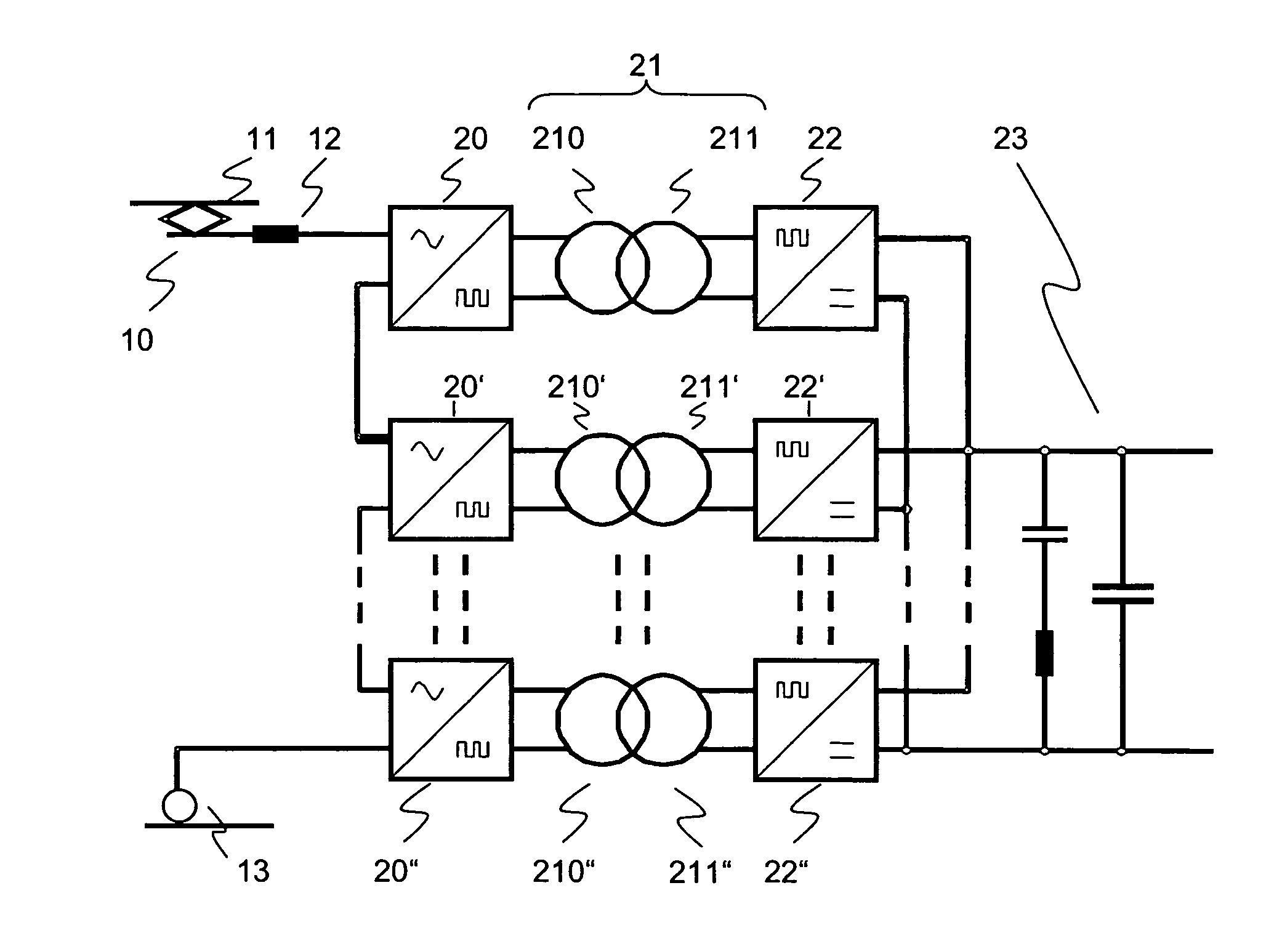 Multilevel AC/DC converter for traction applications