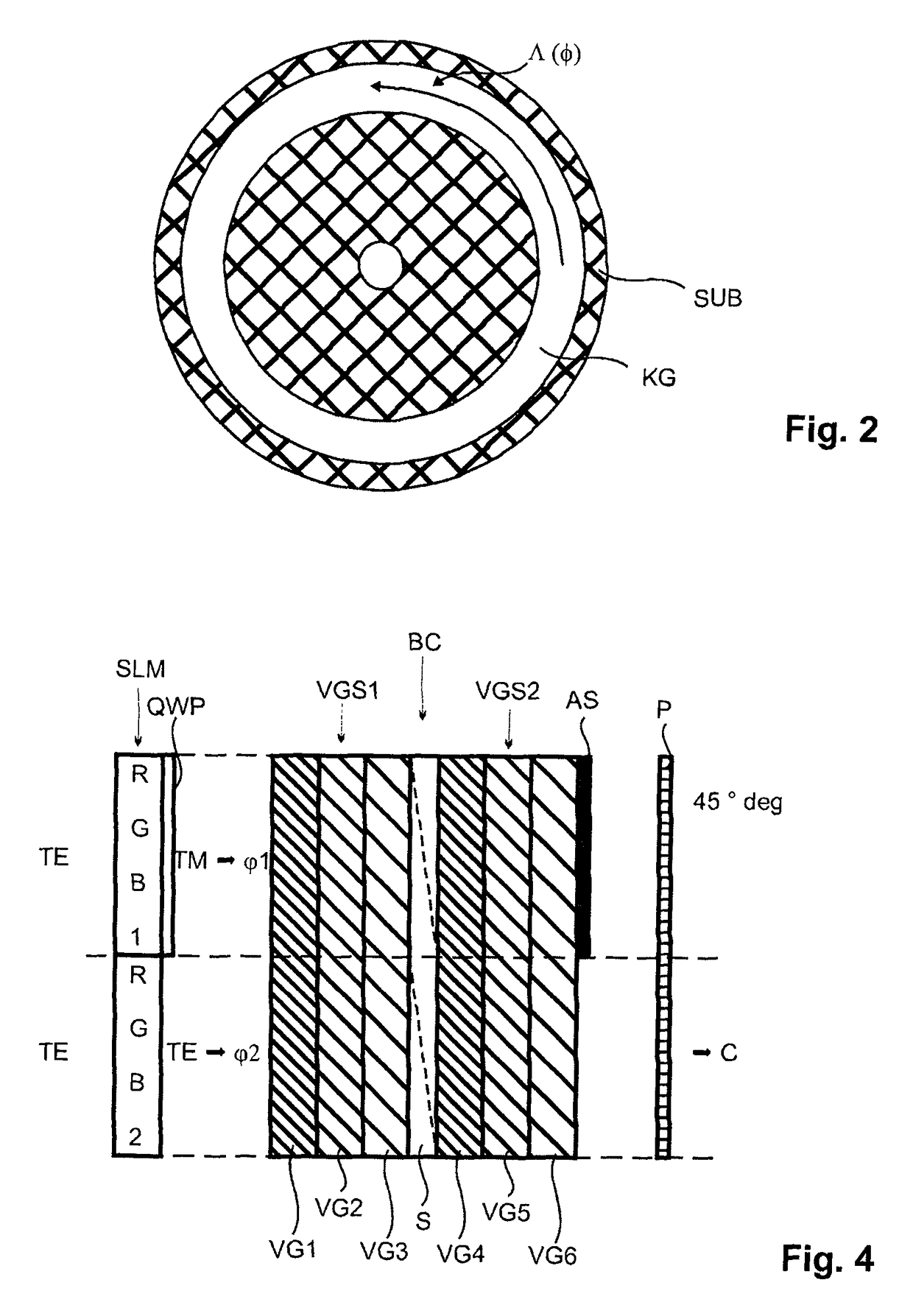 Method and device for the layered production of thin volume grid stacks, and beam combiner for a holographic display