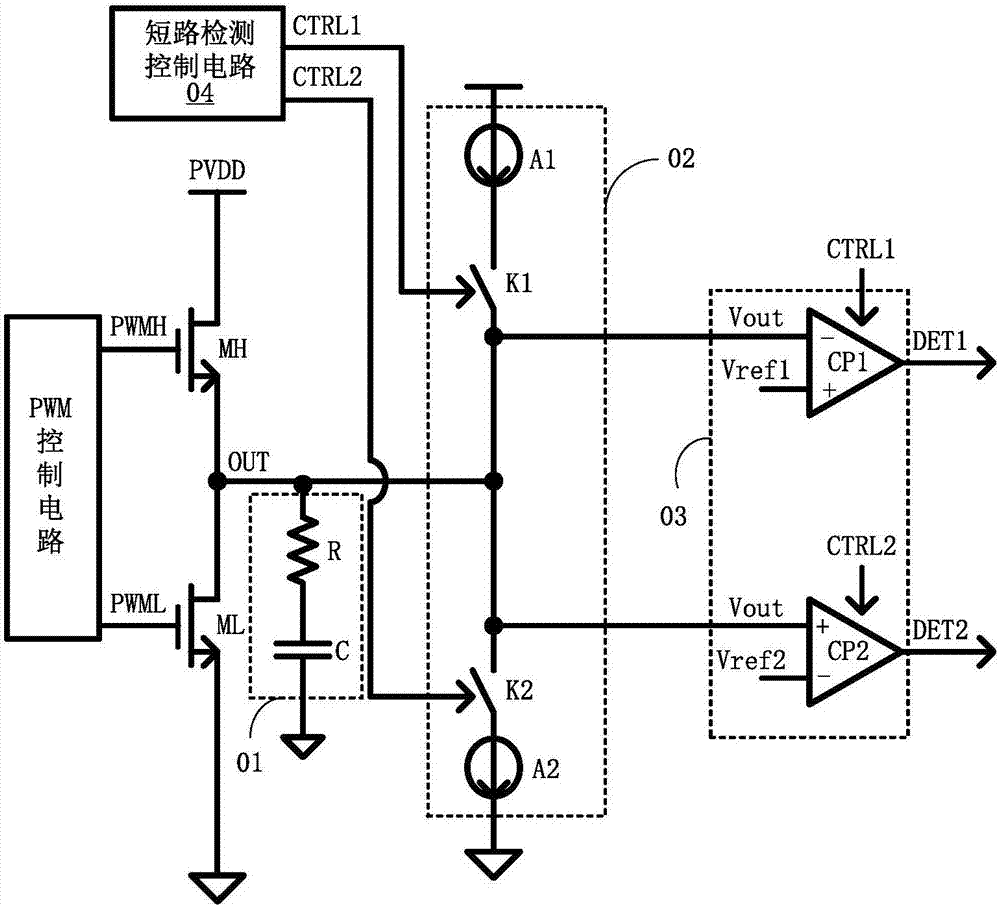 Short circuit detection method, short circuit detection circuit, and D-type audio amplifier