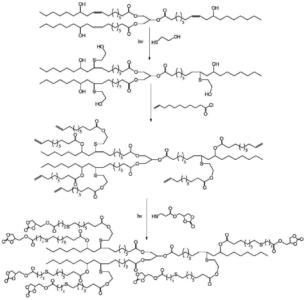 A kind of preparation method of castor oil-based branched polycyclic ring carbonate and non-isocyanate polyurethane