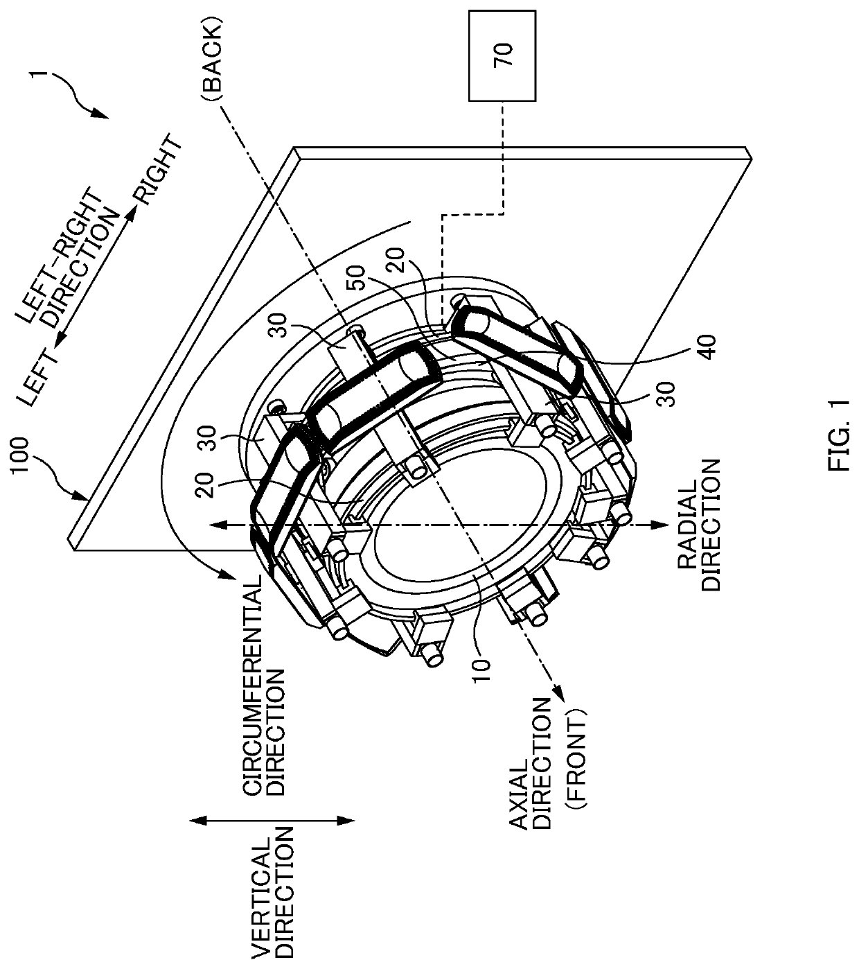 Linear-motor type transport device for transporting material for absorbent article and method for manufacturing absorbent article