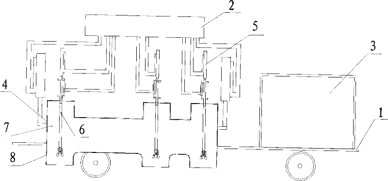 Tamping type coking, dust removing and smoke-guiding vehicle