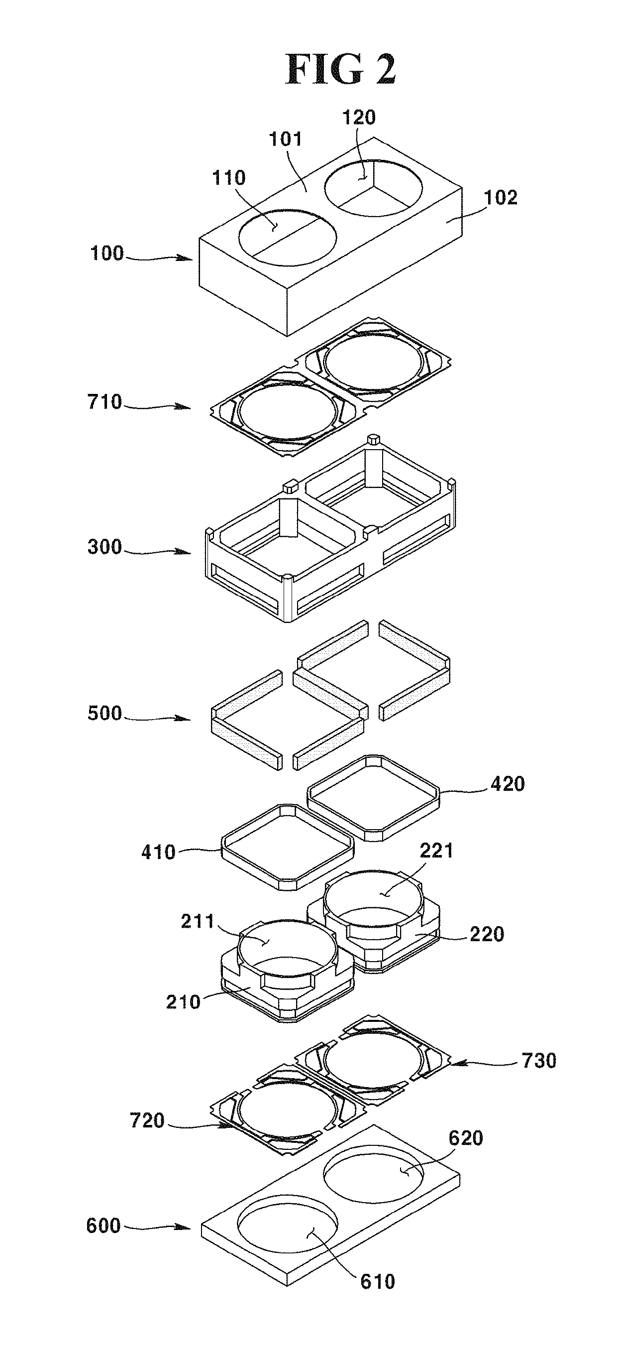 Dual camera module and optical device comprising a magnet disposed between two coils