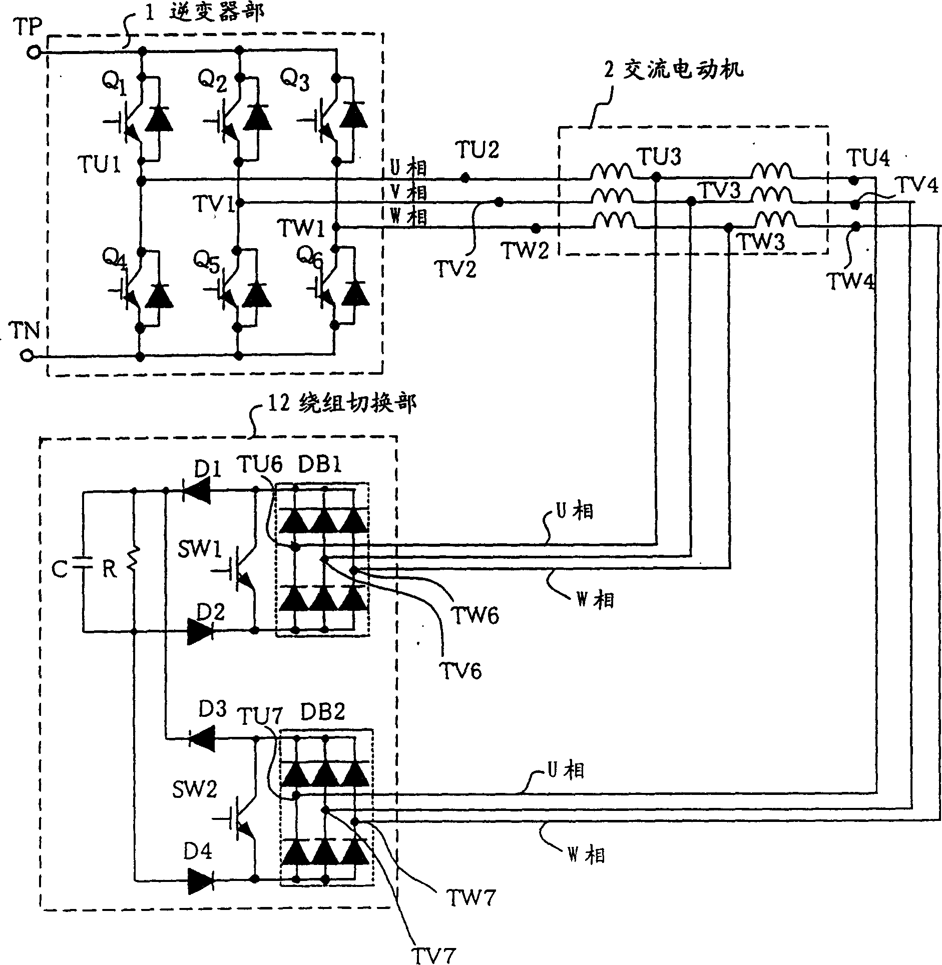 Apparatus for switching windings of AC three-phase motor