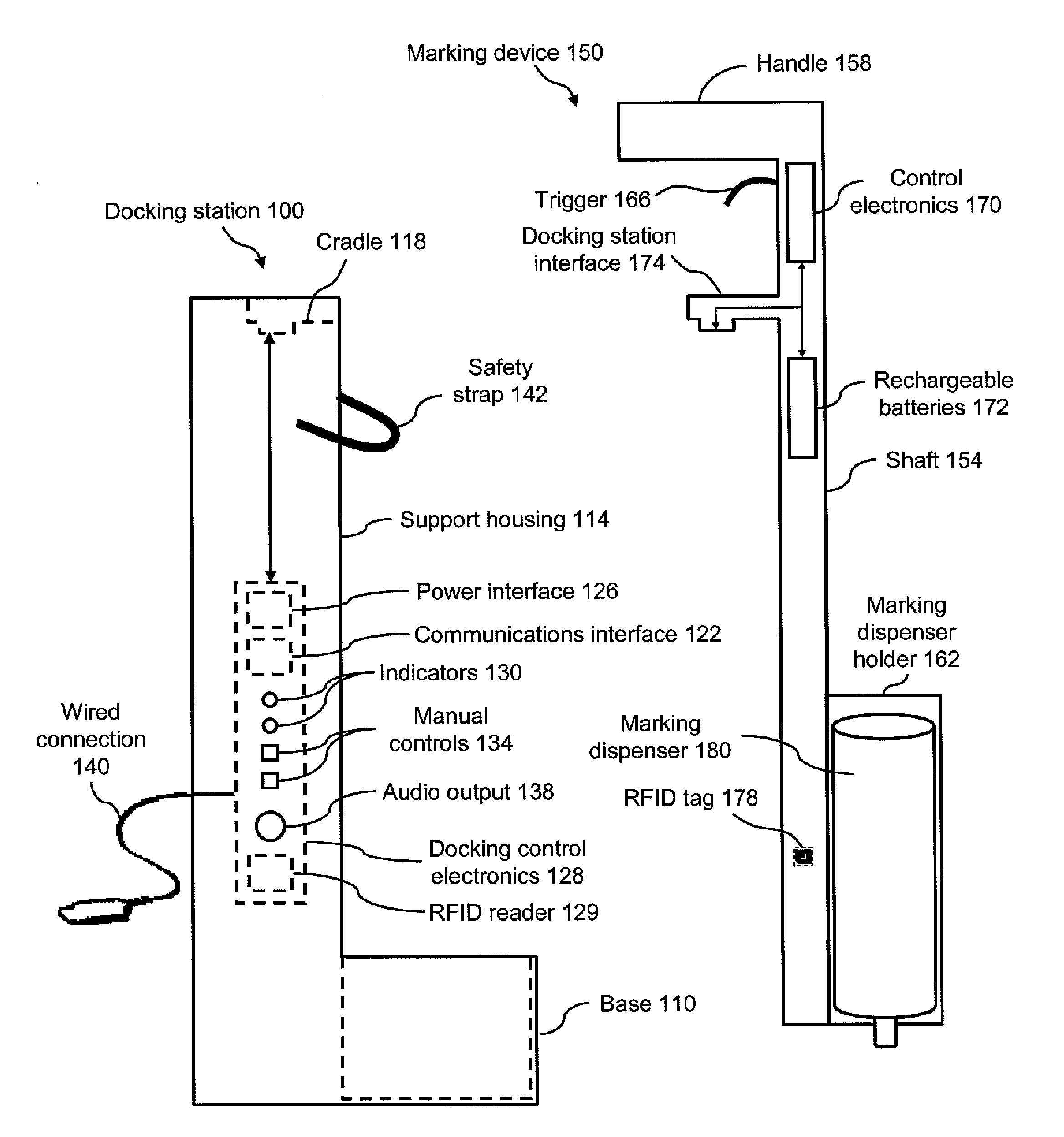 Marking device docking stations and methods of using same