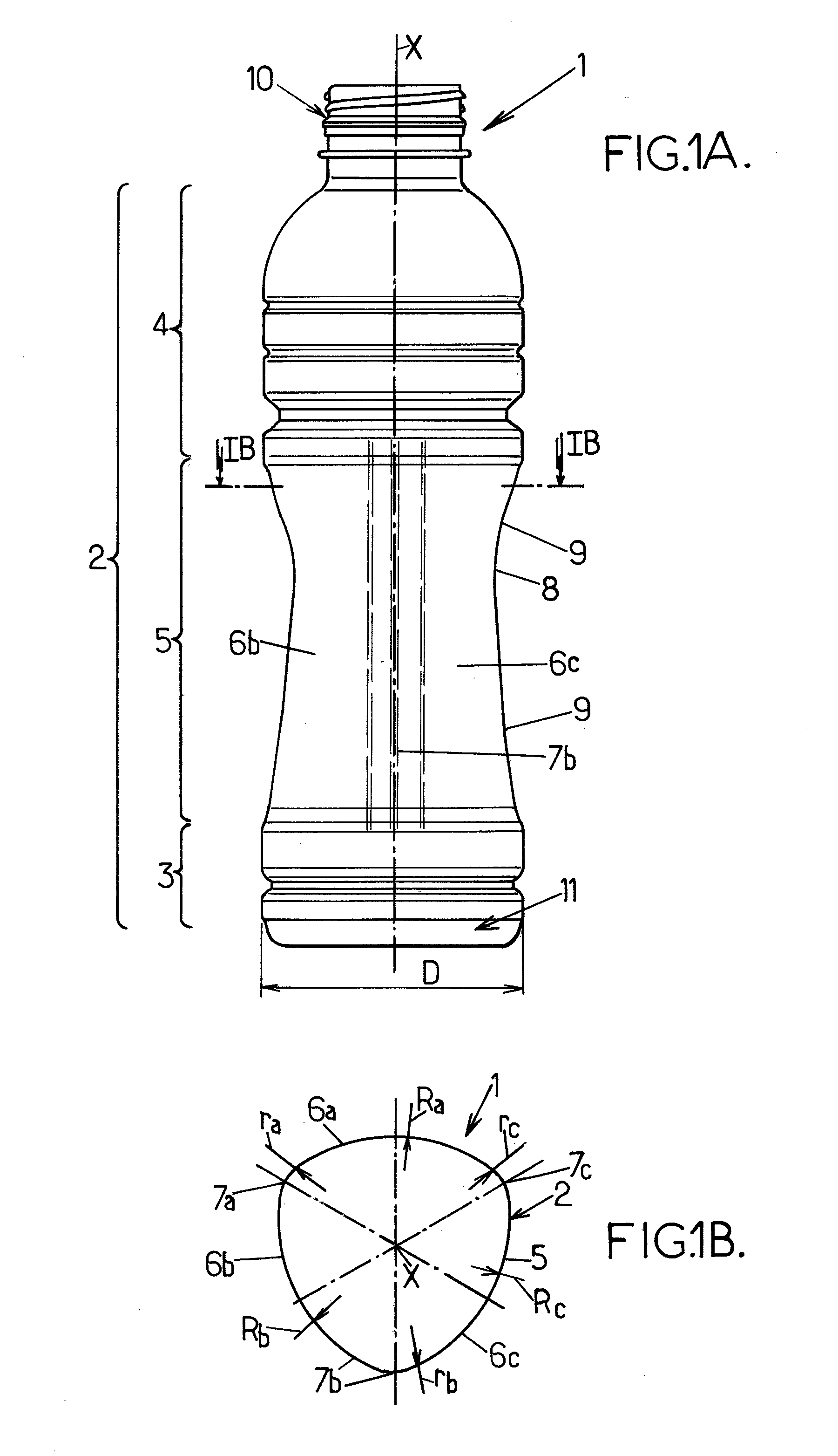 Thermoplastic container, in particular a bottle, having a partially prismatic triangular body