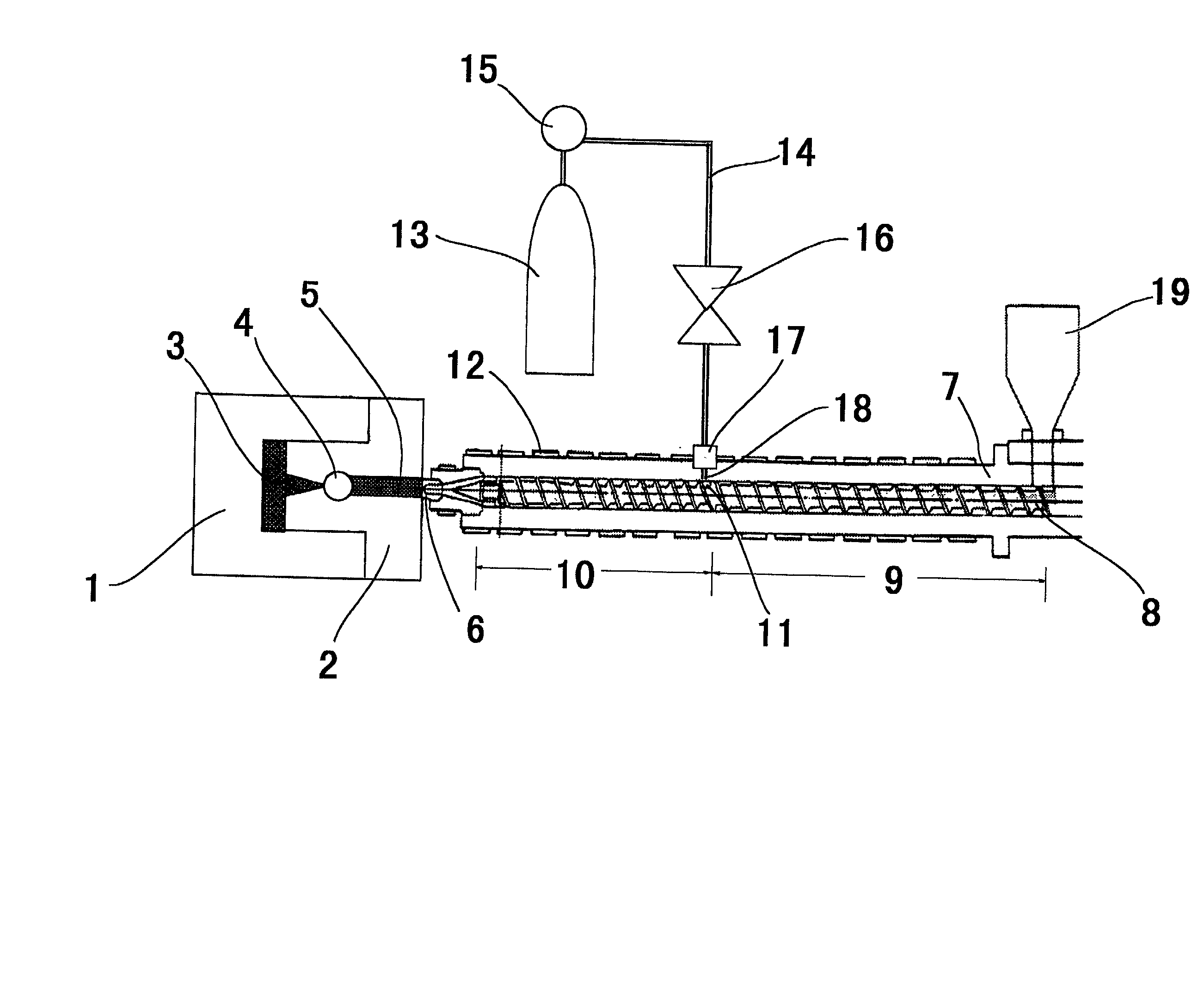 Process for injection foaming, and machine and composition therefore