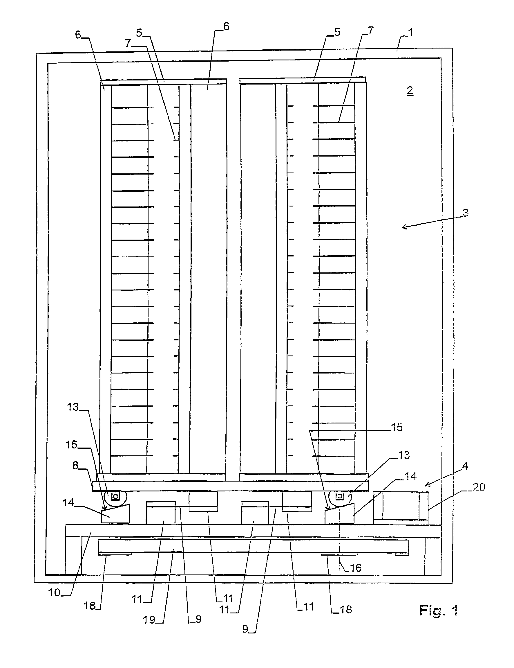 Storage device for laboratory samples having storage racks and a shaker