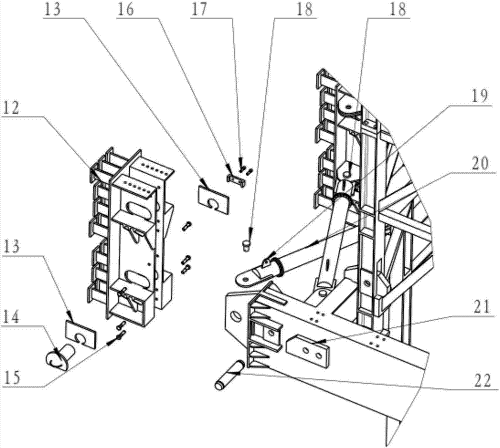 Integrated inner climbing type tower crane supporting device without upstanding beam and implementing method