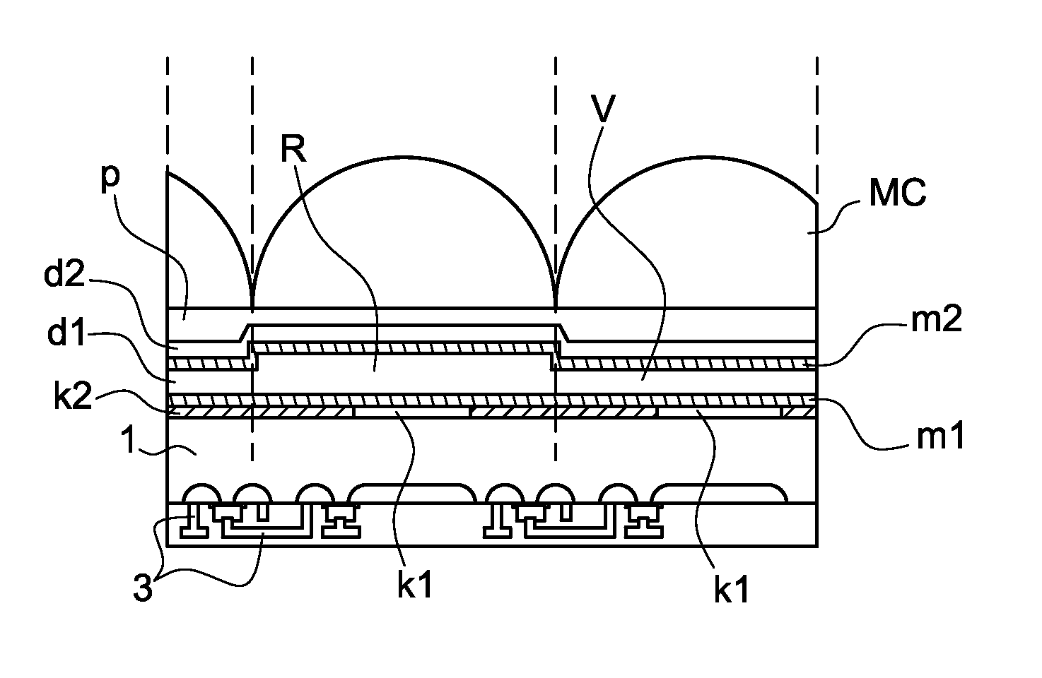 Optical filtering matrix structure and associated image sensor