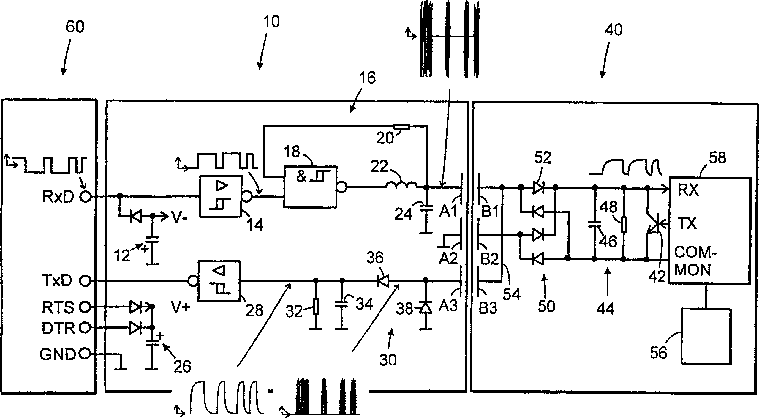 System for wireless, bi-directional transfer of electric signals