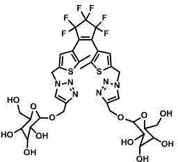 Photochromic bi-thiophene six-sugar water-solubility symmetrical octafluorocyclopentene compound and preparation method and application