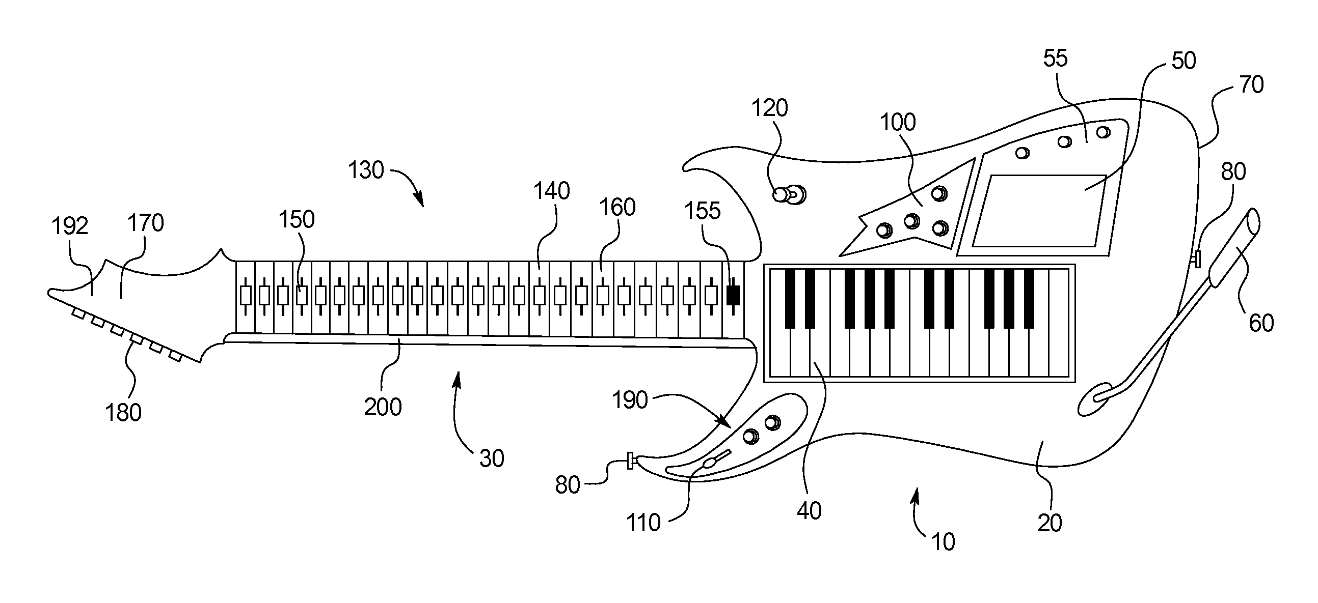 Keyboard guitar including transpose buttons to control tuning