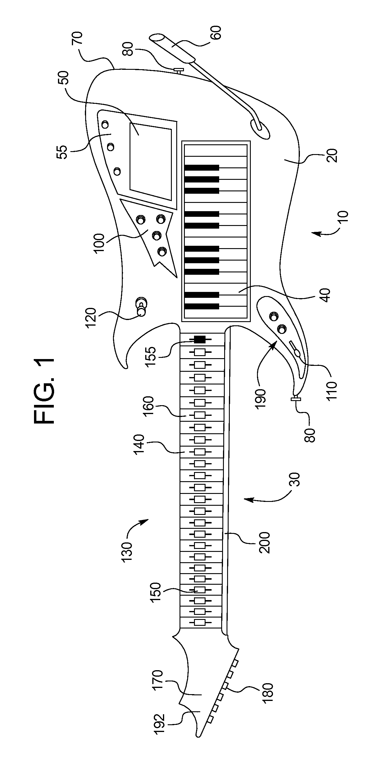 Keyboard guitar including transpose buttons to control tuning