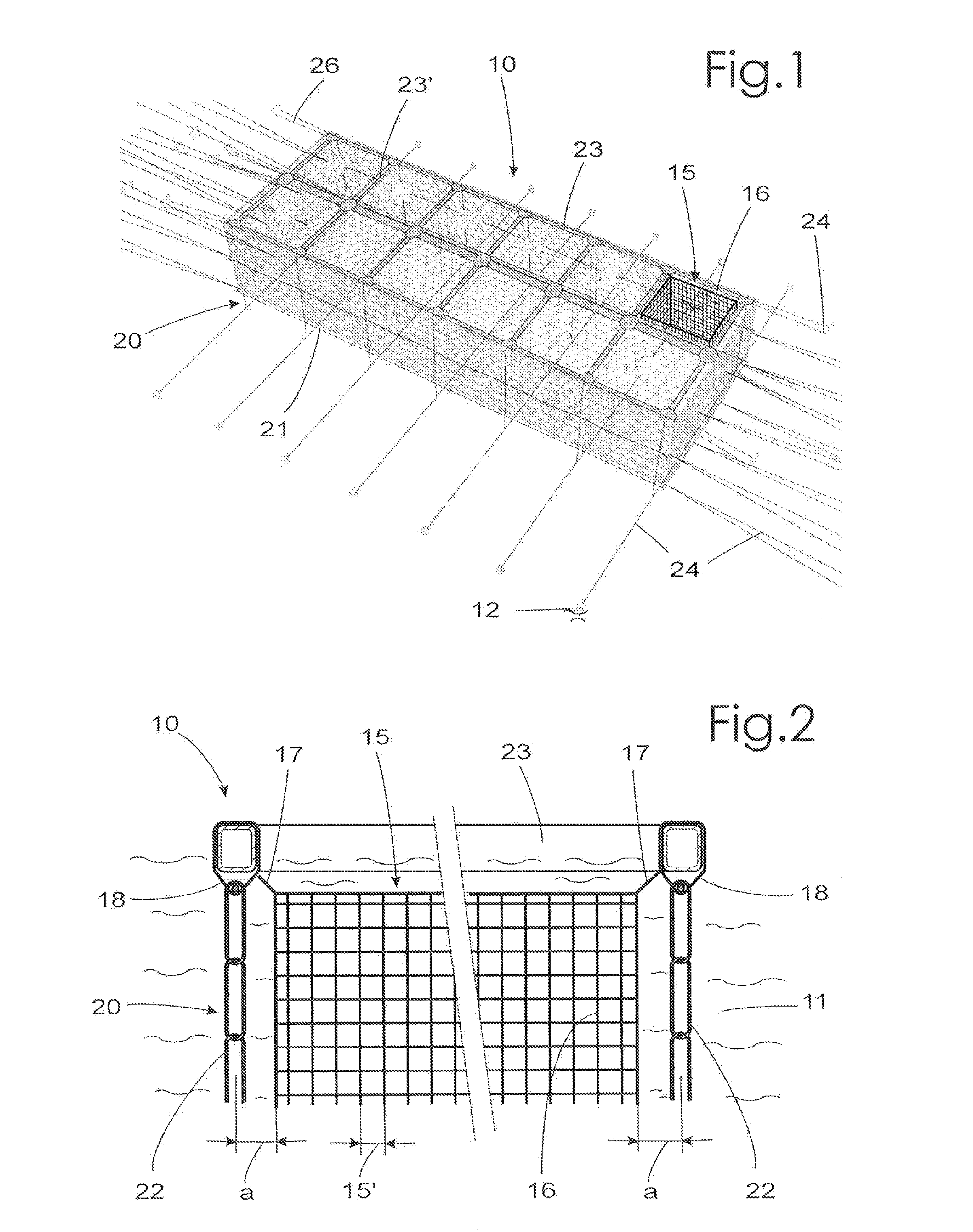 Protective device for animal breeding, such as the breeding of fish, mussels or molluscs