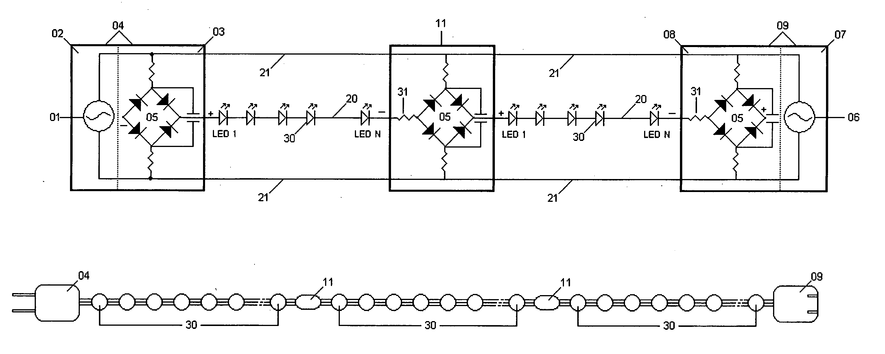 Decorative lighting string with stacked rectification