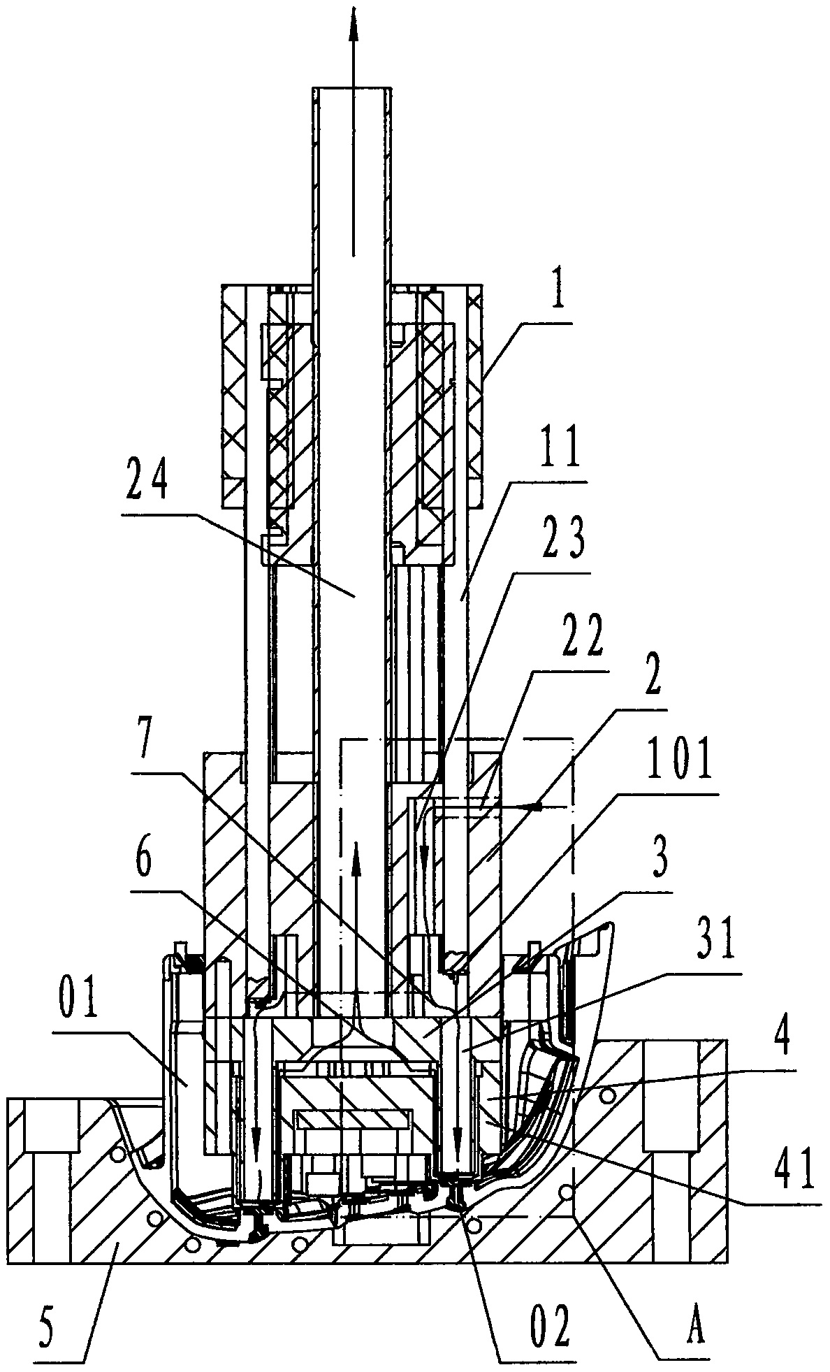 A hot air fusion welding riveting device provided with an air inlet channel and an air exhaust channel