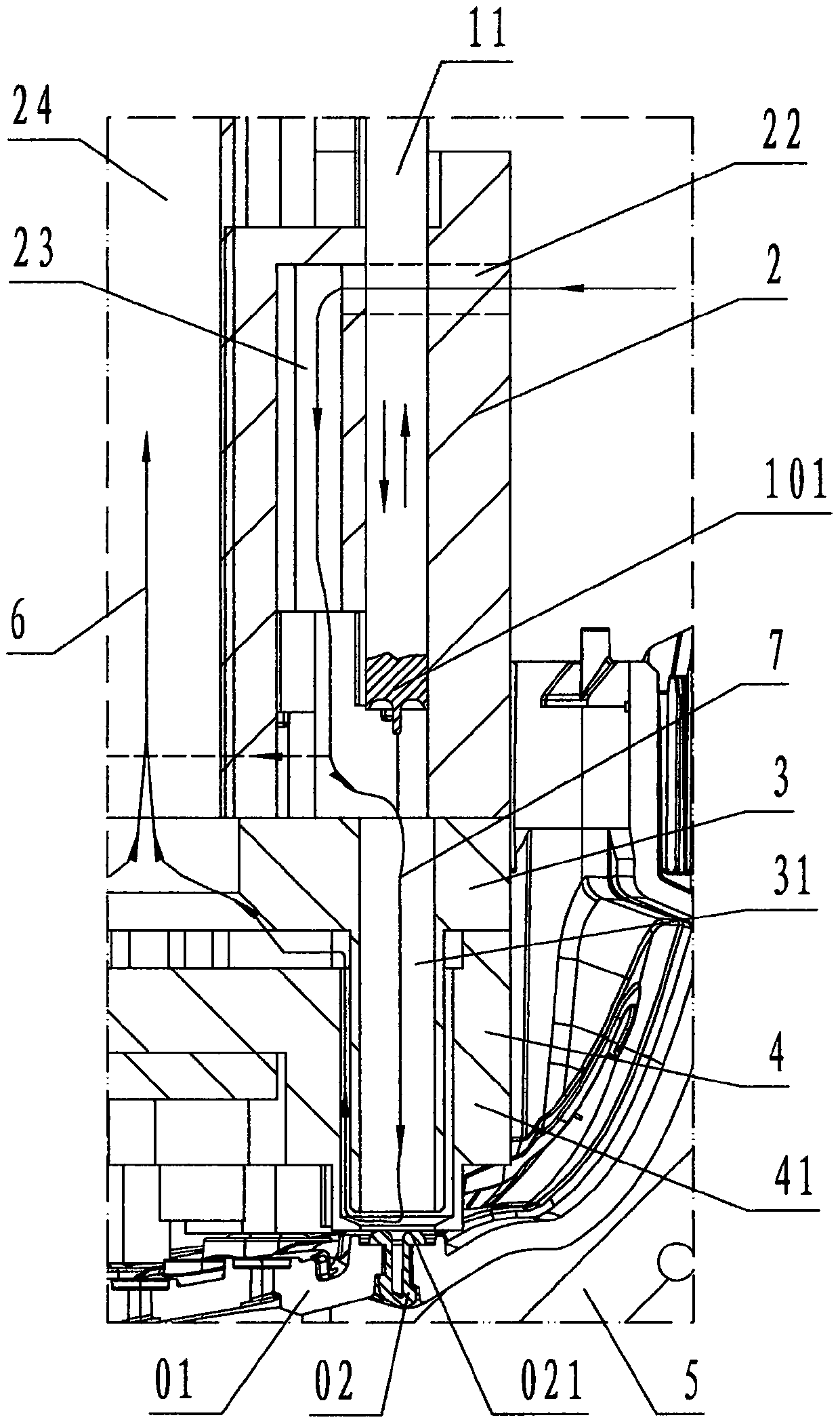 A hot air fusion welding riveting device provided with an air inlet channel and an air exhaust channel