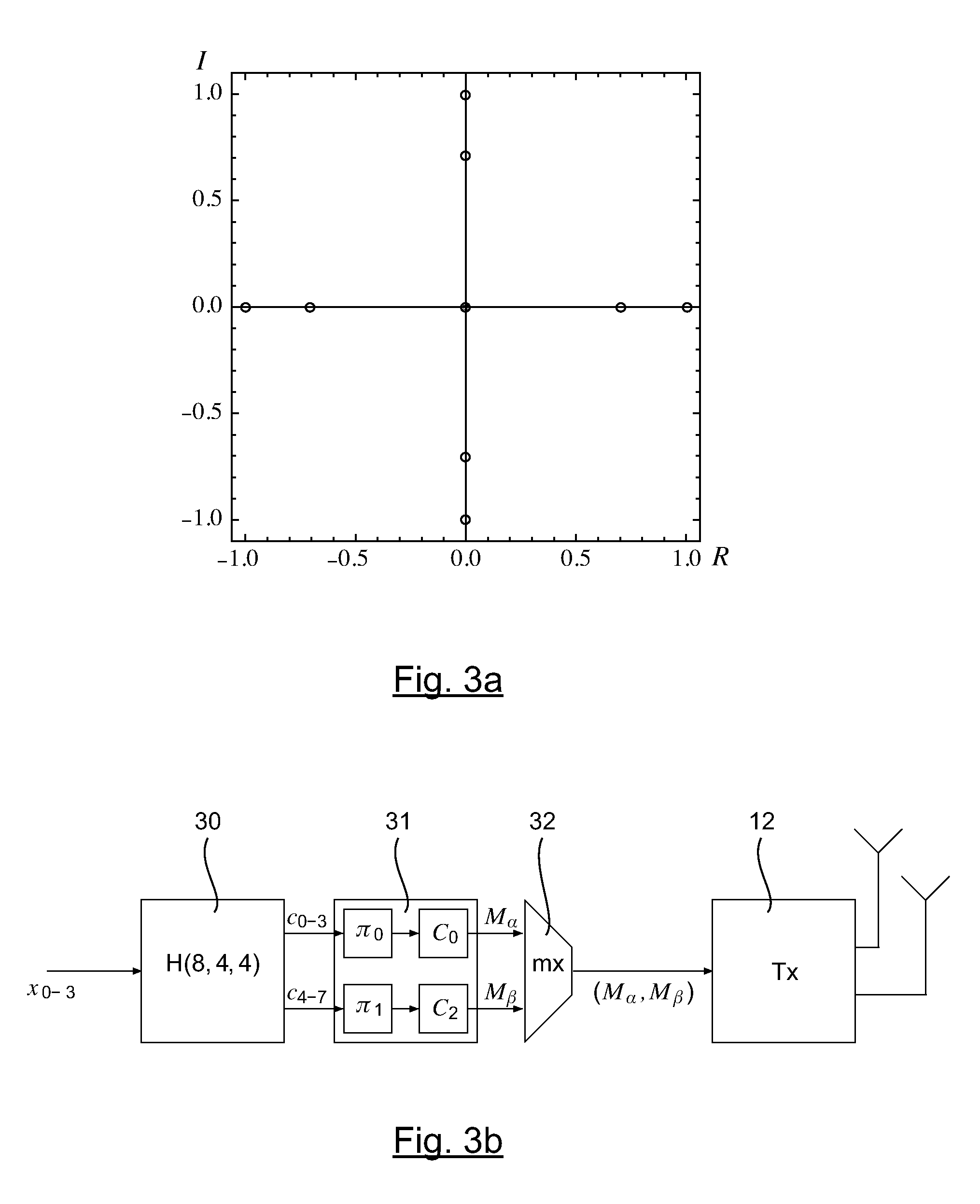 Method and device for transmission and reception in a multi-input and multi-output channel distributing a code word between several mapping matrices, and corresponding computer program