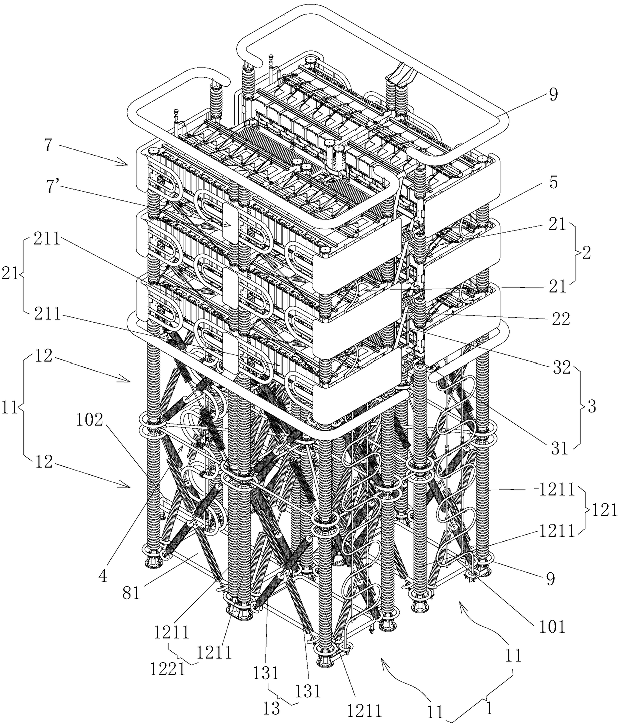 Extra-high voltage flexible direct current transmission support type valve tower