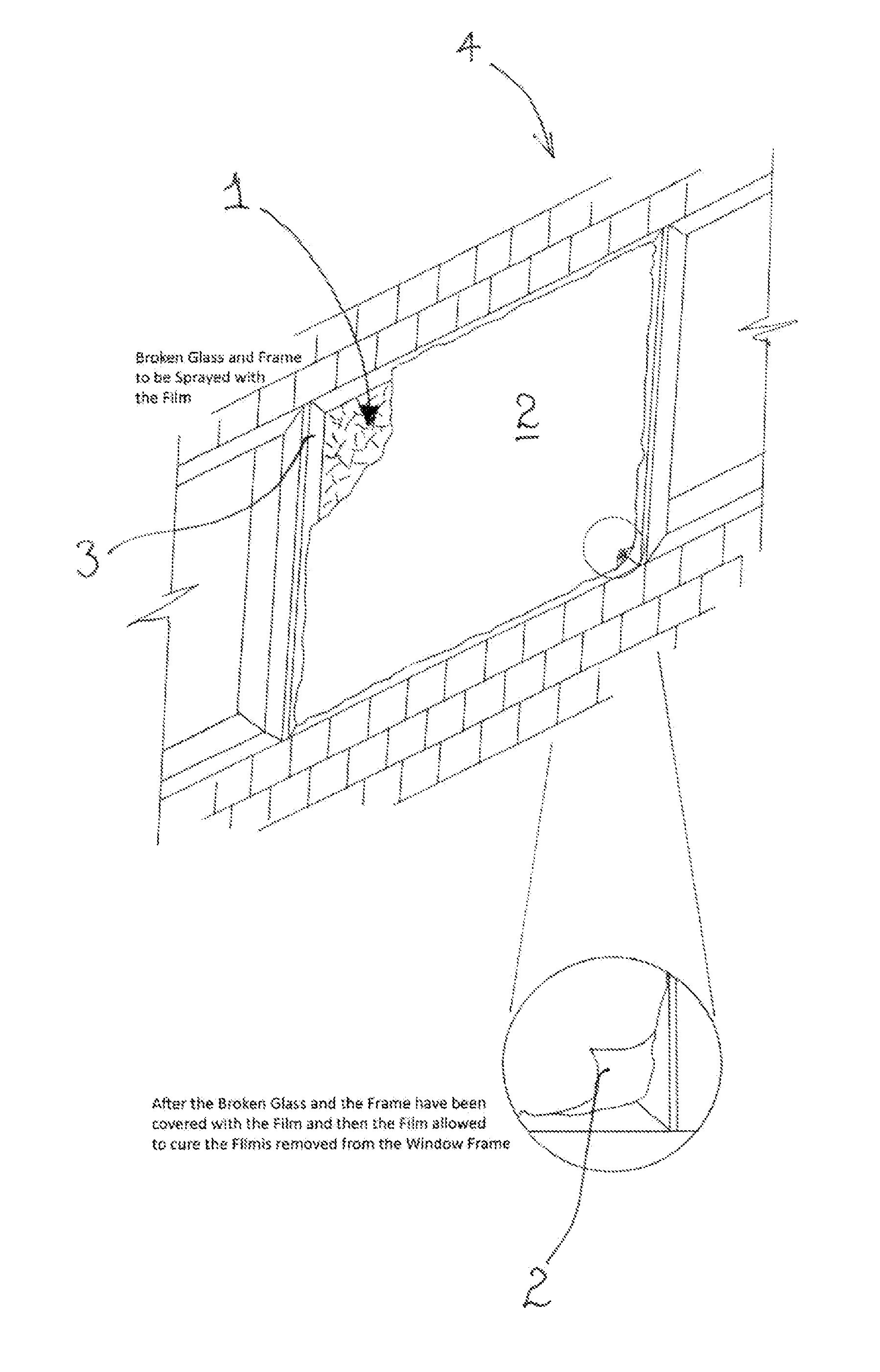 Sprayable composition for stabilising broken glass and method of applying same