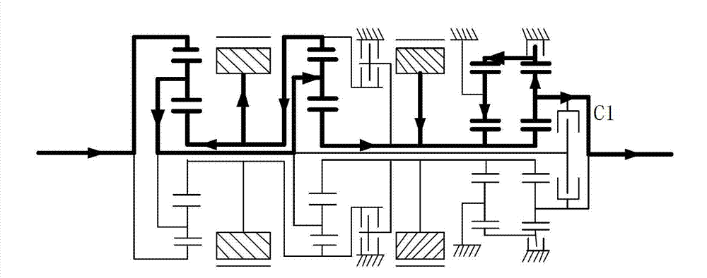 Three-section-type electromechanical composite stepless transmission device for wheel-type load-carrying vehicle