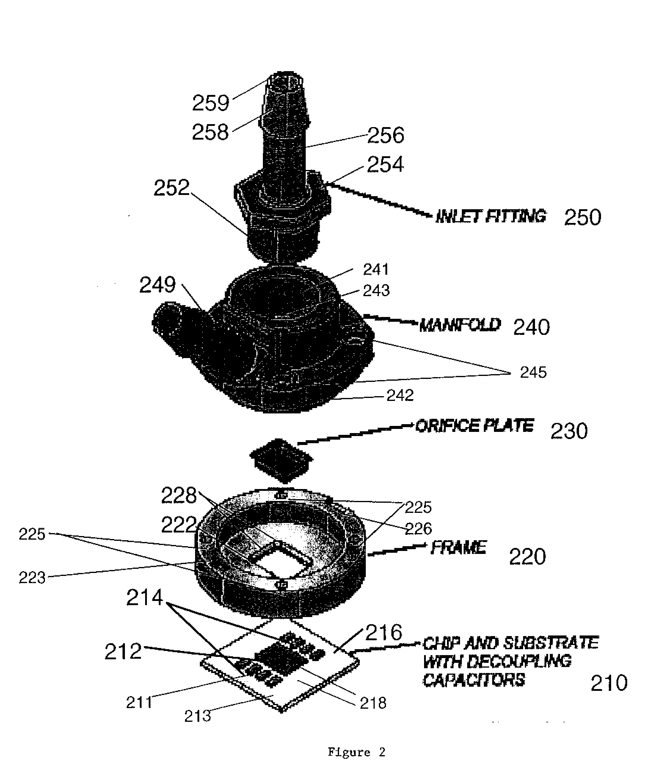 Direct liquid jet impingement module for high heat flux electronics packages