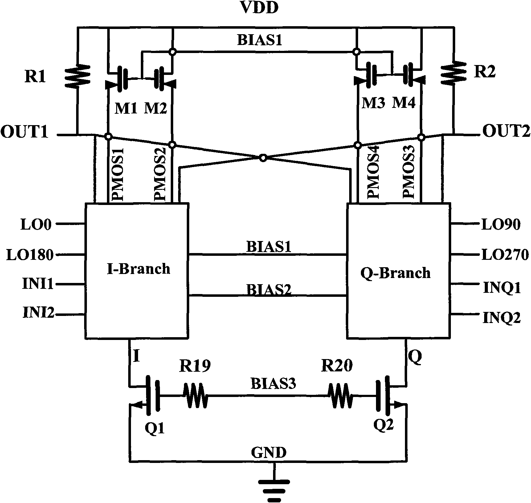 Improved double Gilbert structure radio-frequency orthogonal upper frequency mixer