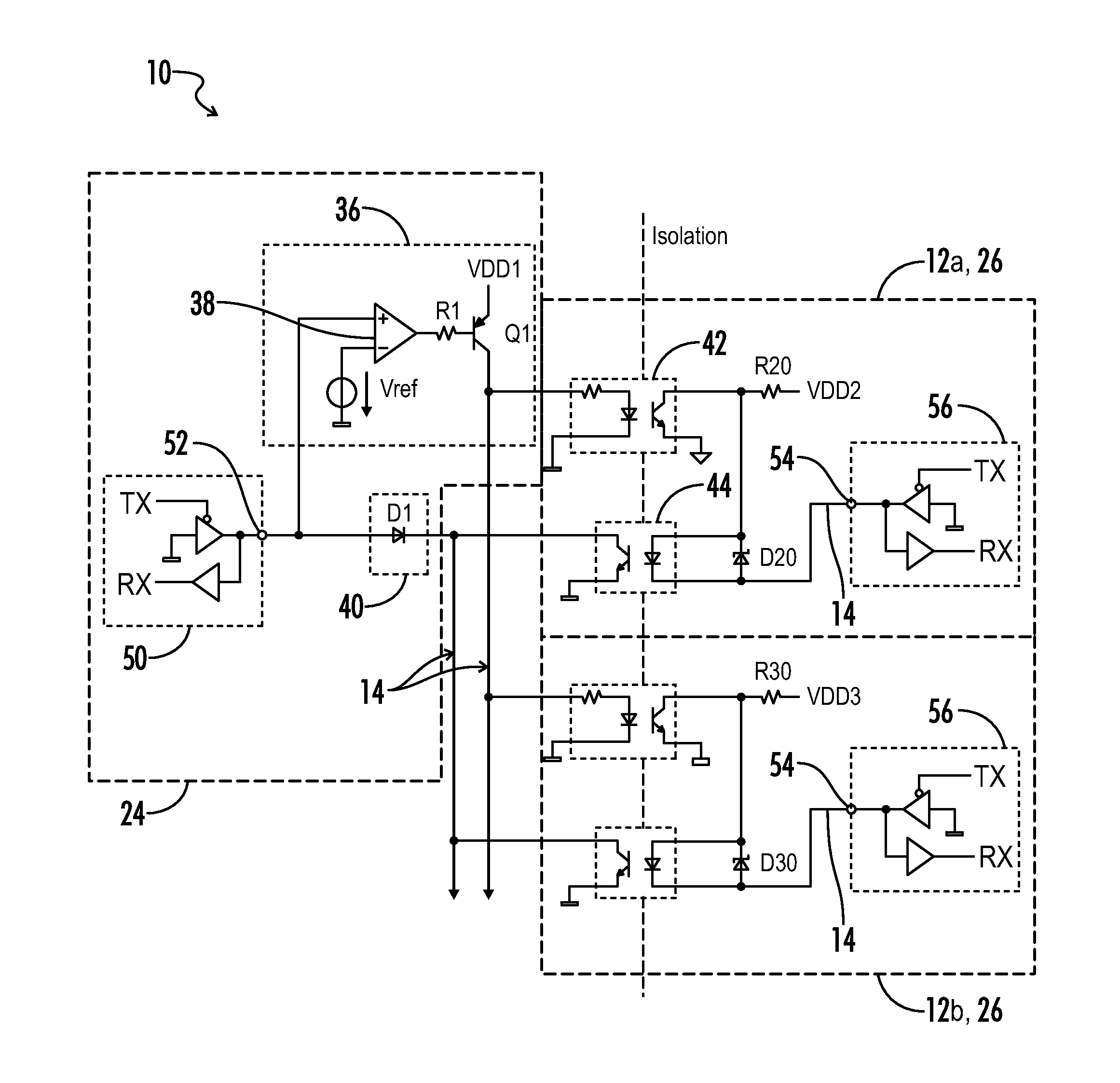 Power supply architecture for controlling and monitoring isolated output modules